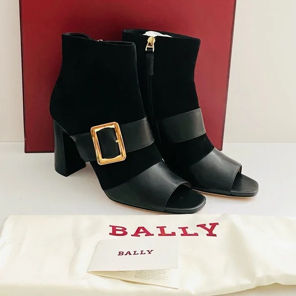 Black BALLY Jaydee Peep-Toe Suede Leather Booties with Buckles 3.5" Heels - Picture 8 of 9